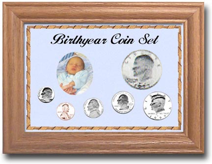 Solid Oak Birthyear Frame Cent thru Large $ - Blue